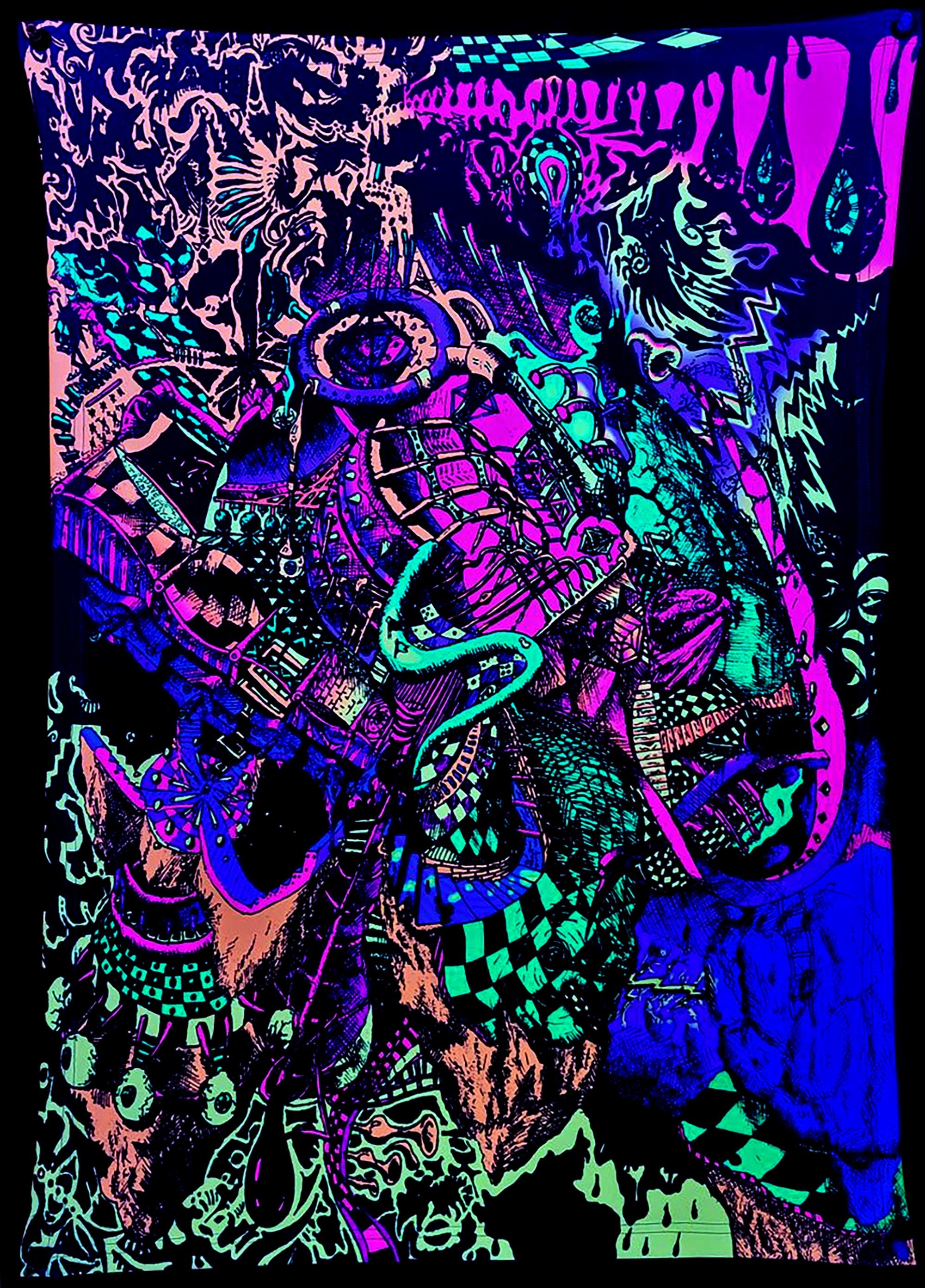 Melt Down - Neon Black-light Fluorescent Tapestry with trippy stuff all combined in a surrealistic Universe