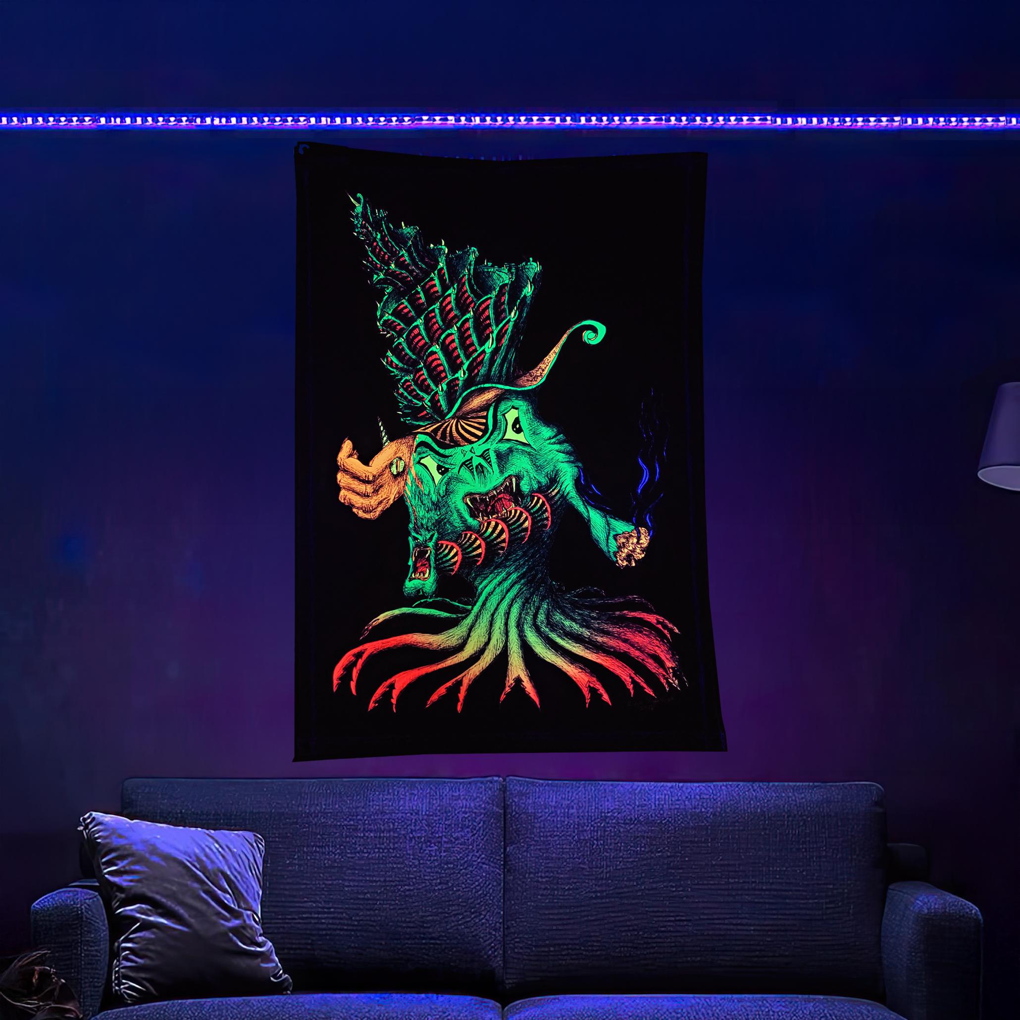 Crazy Alien (Blacklight Trippy Tapestry) Psychedelic UV Reactive Fluorescent Wall Hanging