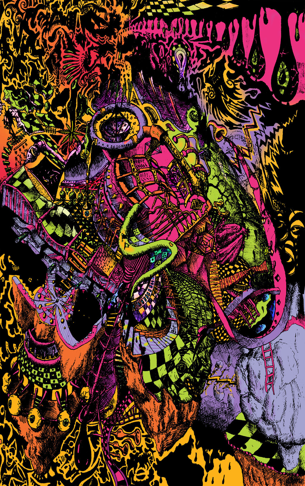 Melt Down - Neon Black-light Fluorescent Tapestry with trippy stuff all combined in a surrealistic Universe