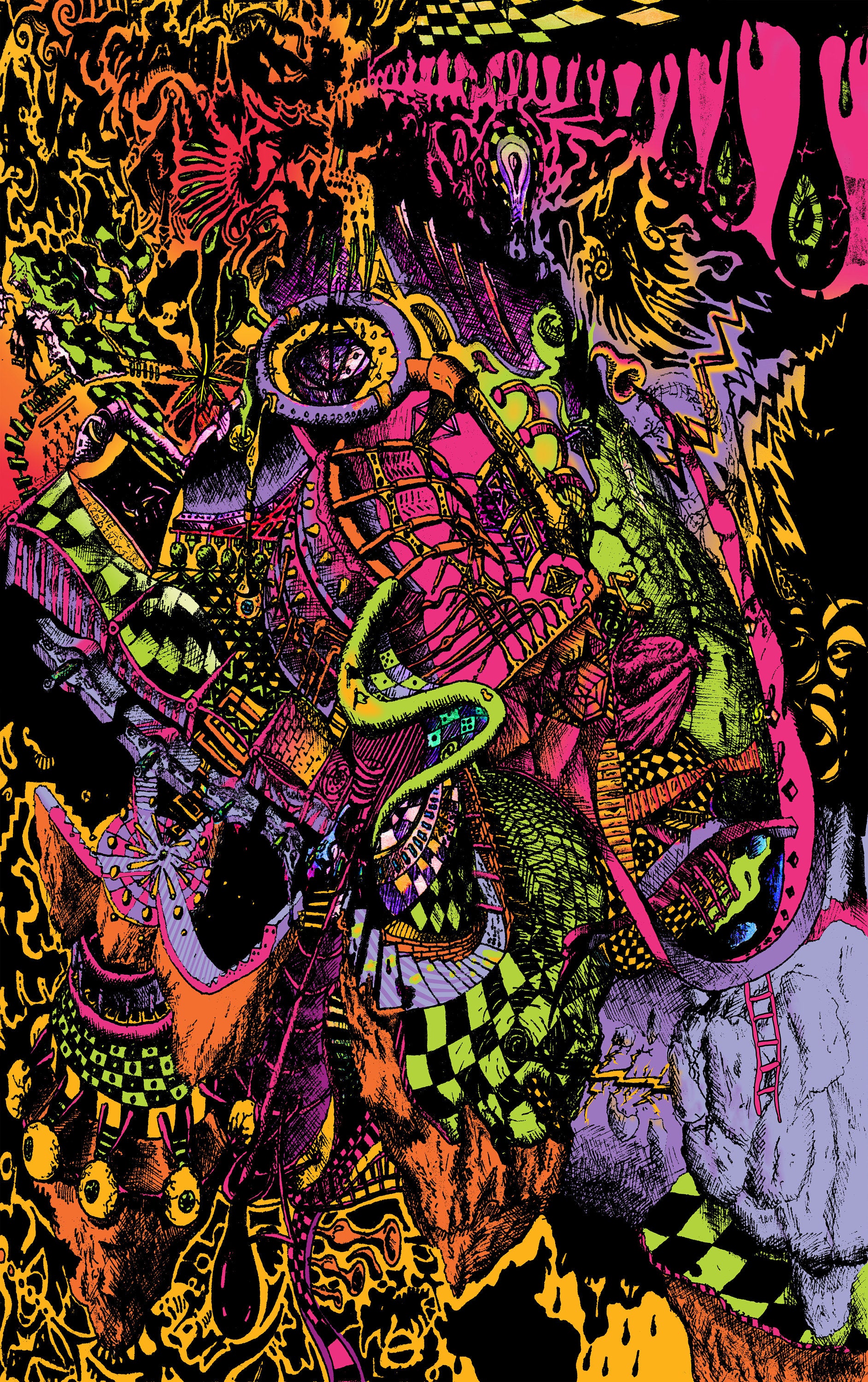 Melt Down - Neon Black-light Fluorescent Tapestry with trippy stuff all combined in a surrealistic Universe