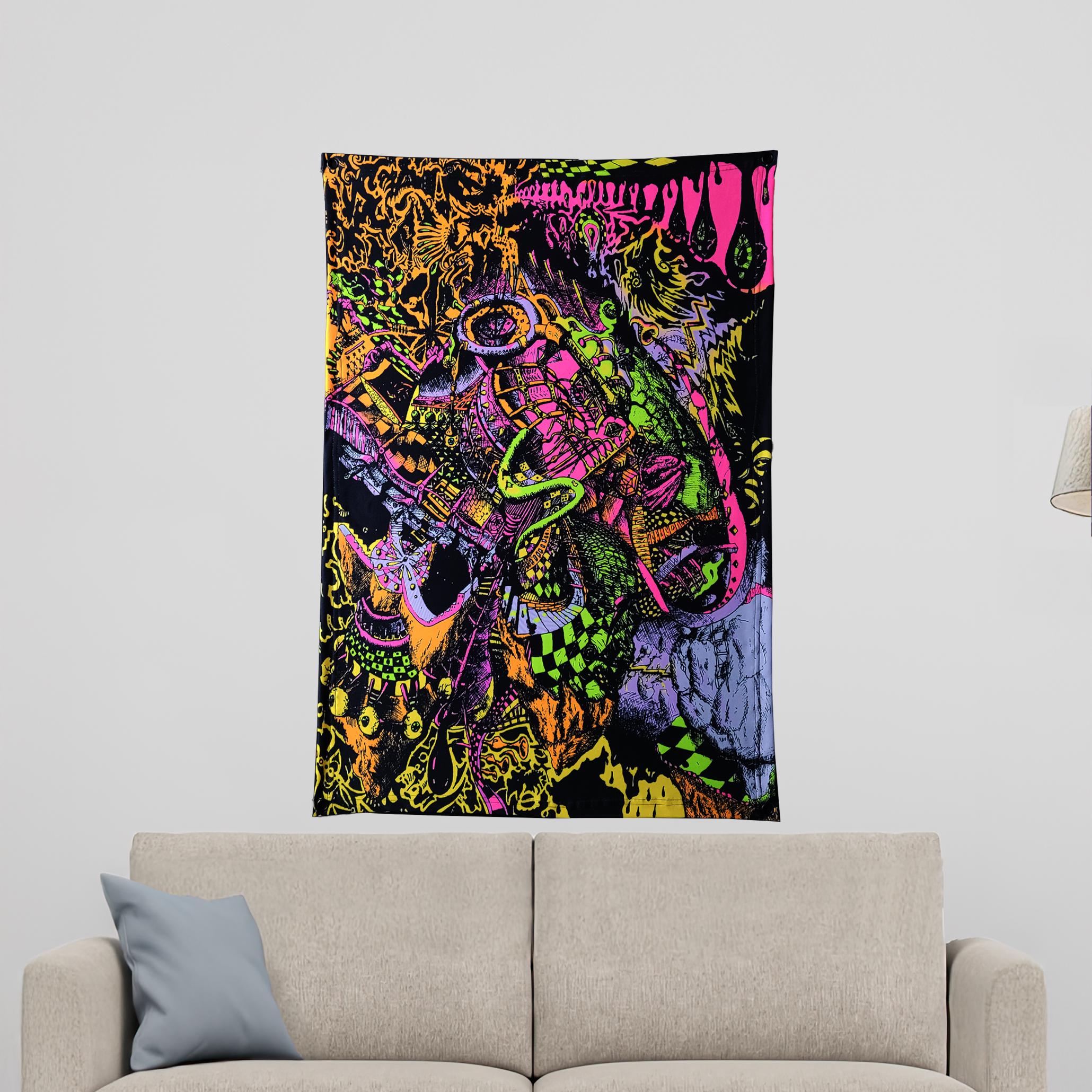 Melt Down - Neon Black-light Fluorescent Tapestry with trippy stuff all combined in a surrealistic Universe