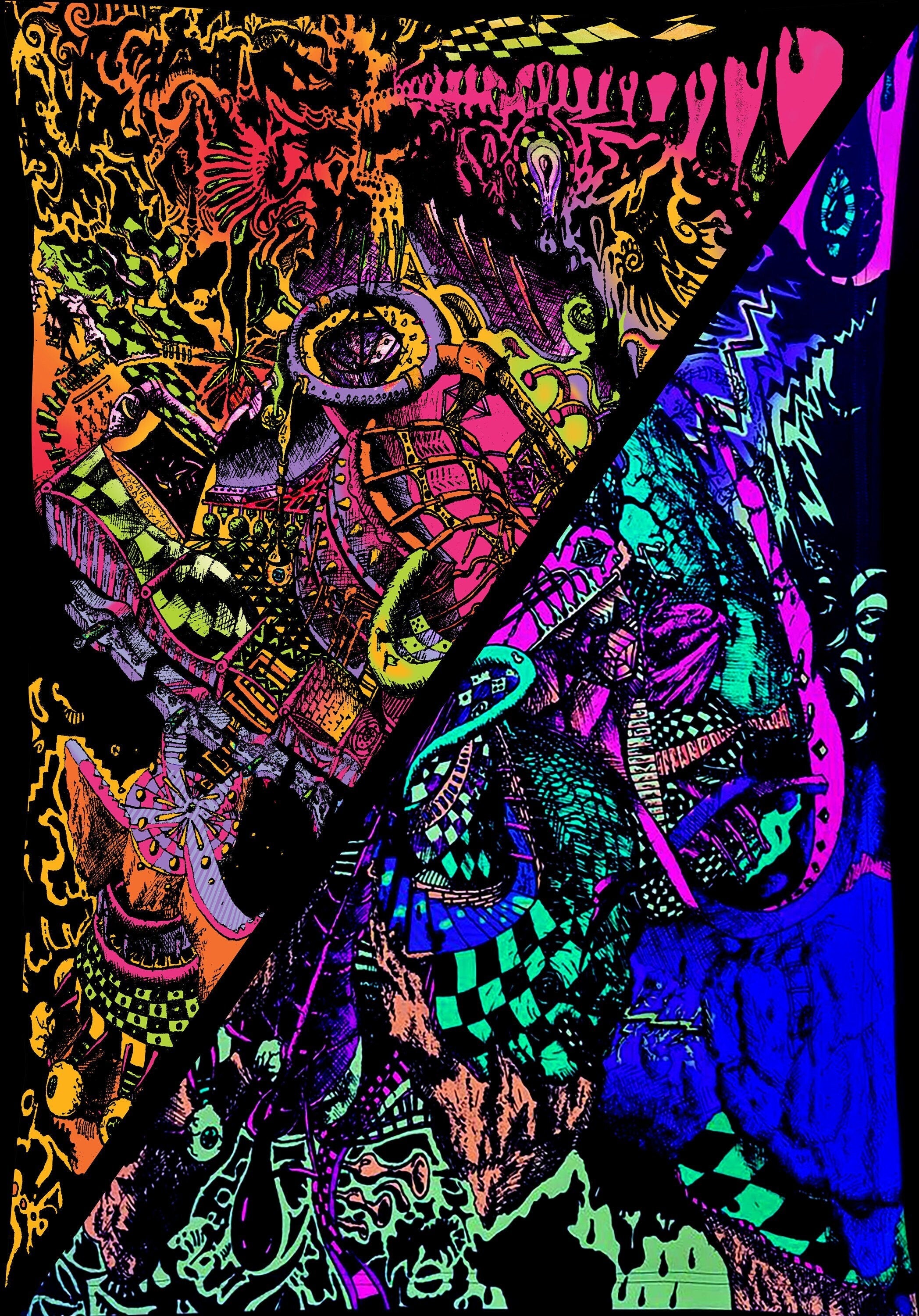 Melt Down - Neon Black-light Fluorescent Tapestry with trippy stuff all combined in a surrealistic Universe