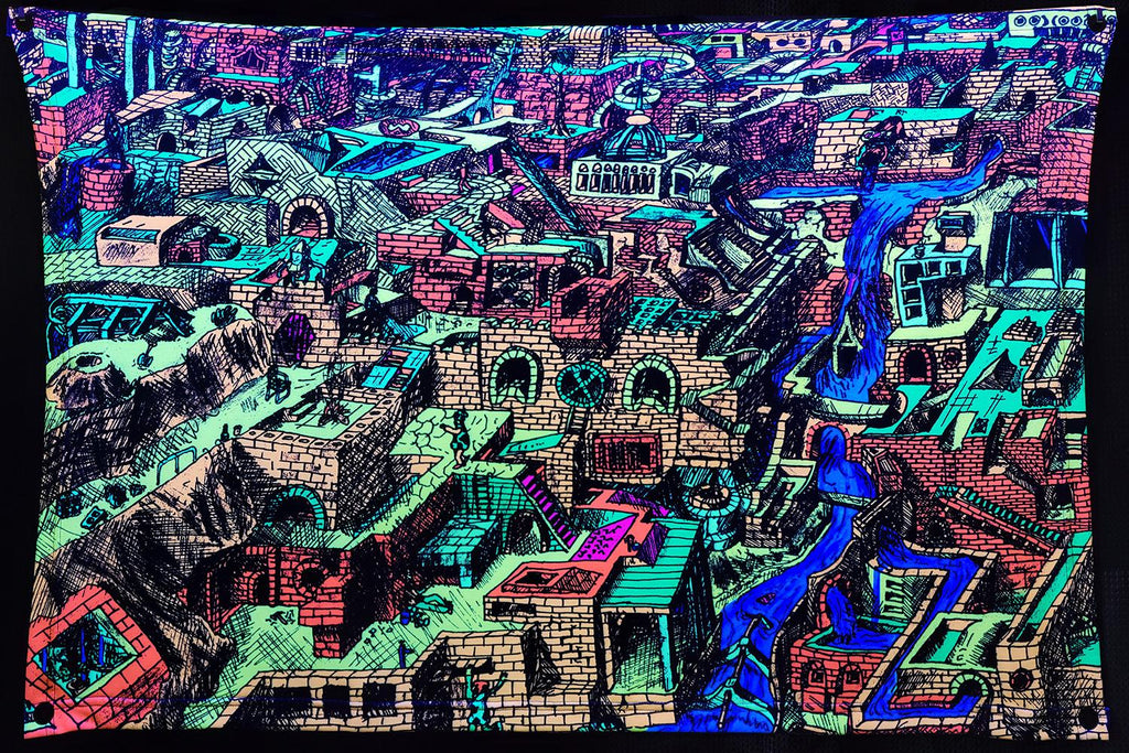 River City (Blacklight Trippy Tapestry) Psychedelic UV Reactive Fluorescent Wall Hanging