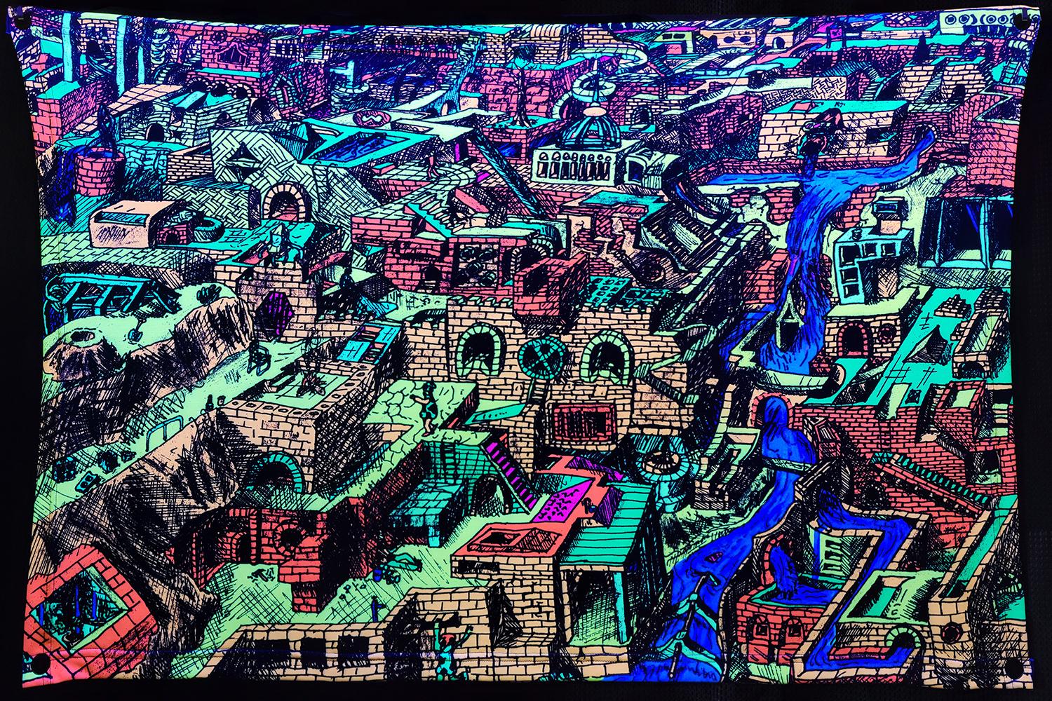 River City (Blacklight Trippy Tapestry) Psychedelic UV Reactive Fluorescent Wall Hanging