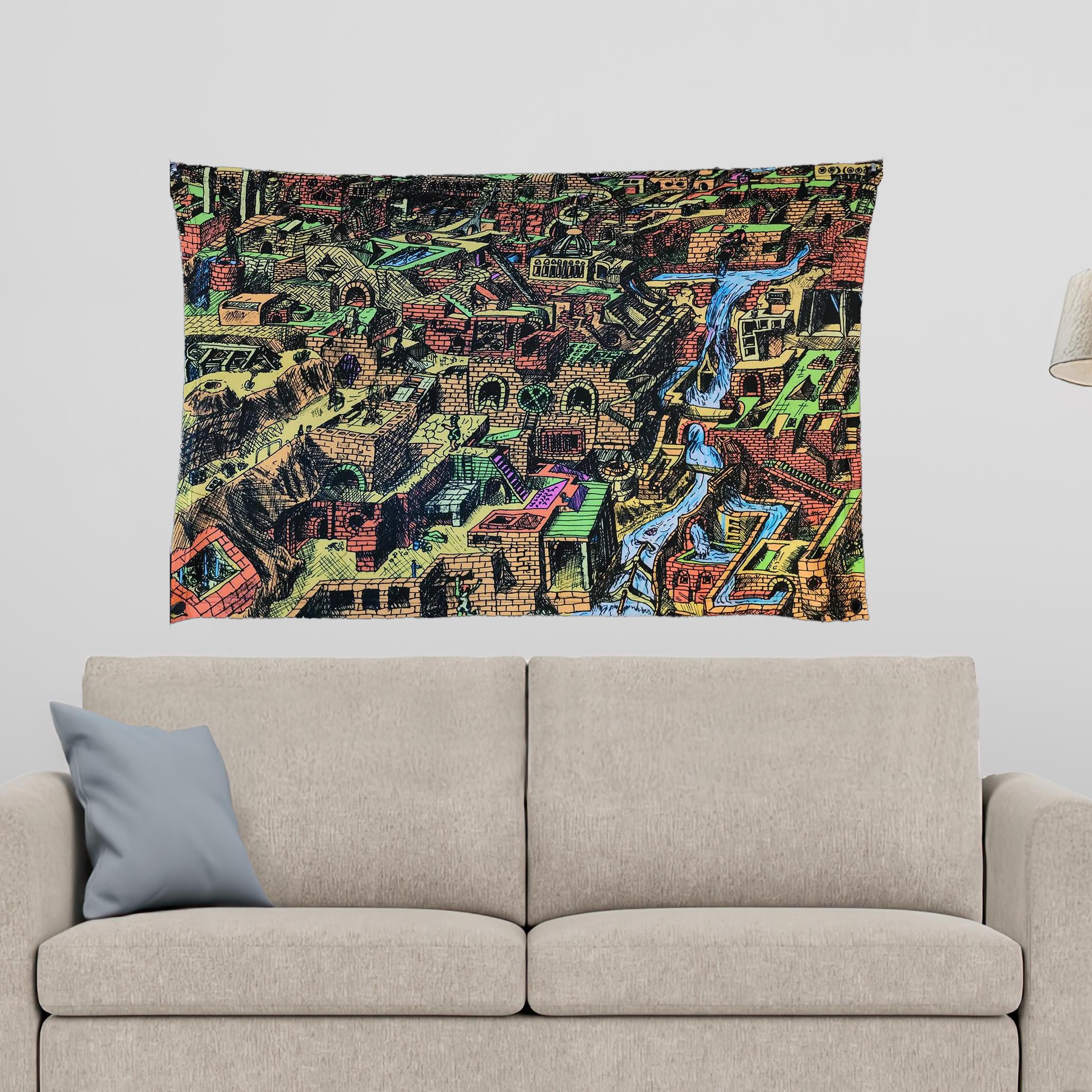 River City (Blacklight Trippy Tapestry) Psychedelic UV Reactive Fluorescent Wall Hanging