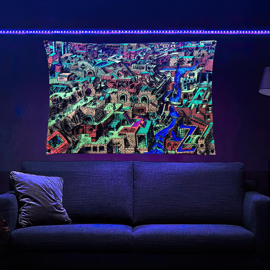 River City (Blacklight Trippy Tapestry) Psychedelic UV Reactive Fluorescent Wall Hanging