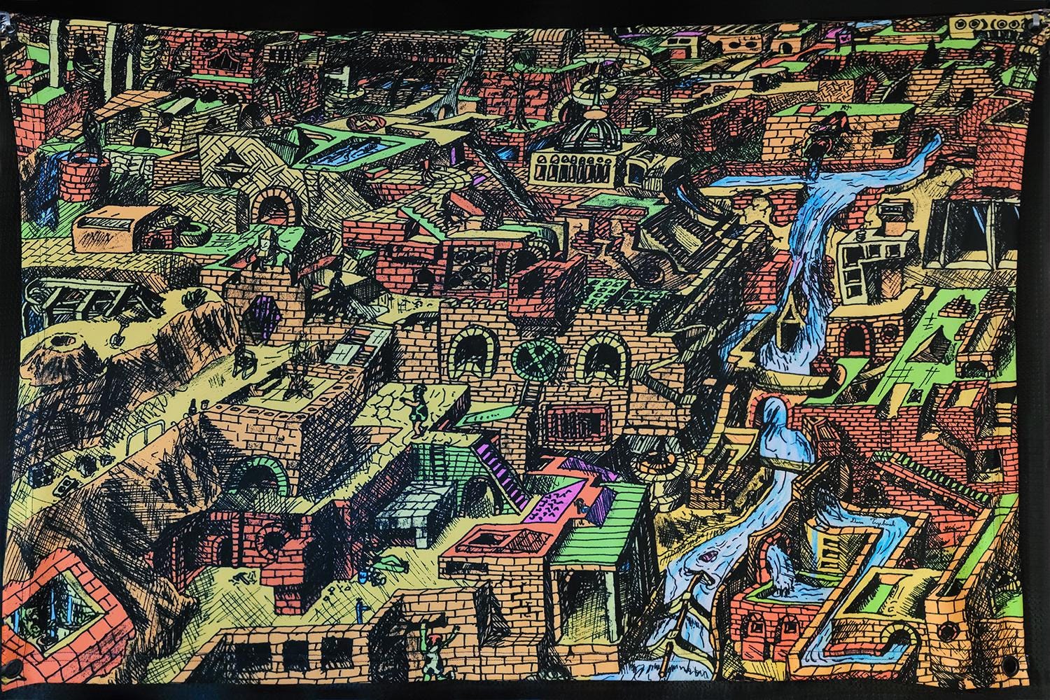 River City (Blacklight Trippy Tapestry) Psychedelic UV Reactive Fluorescent Wall Hanging